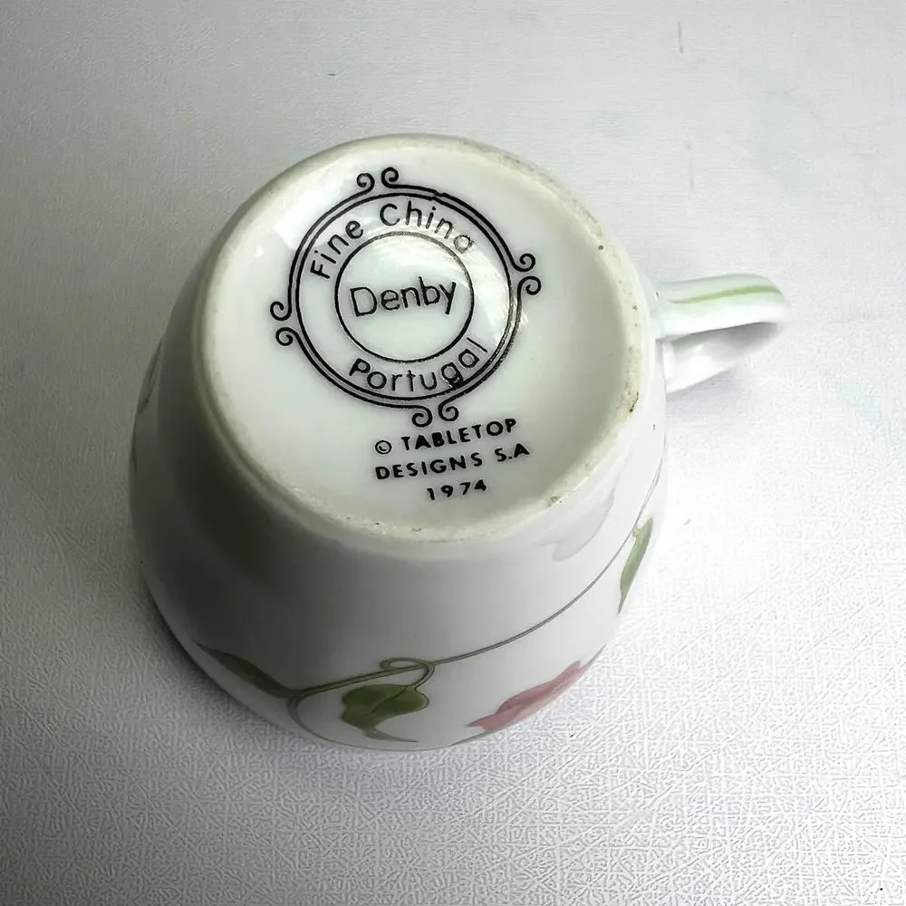 Denby-Langley Your Majesty Flat Demitasse Porcelain Cup Saucer Set Trumpet Vine